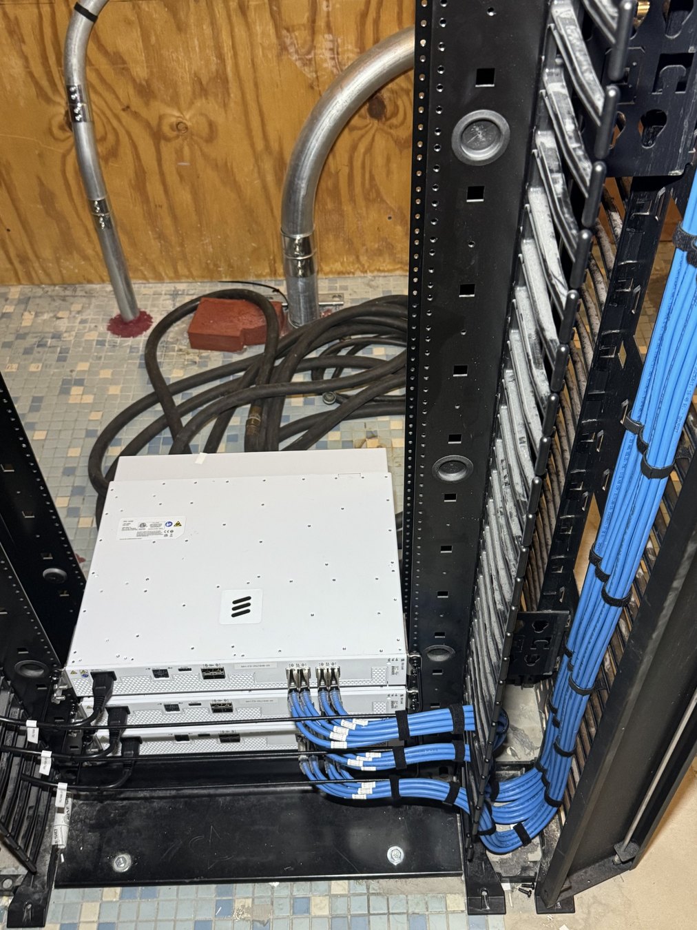 Rack equipment and organized blue cabling