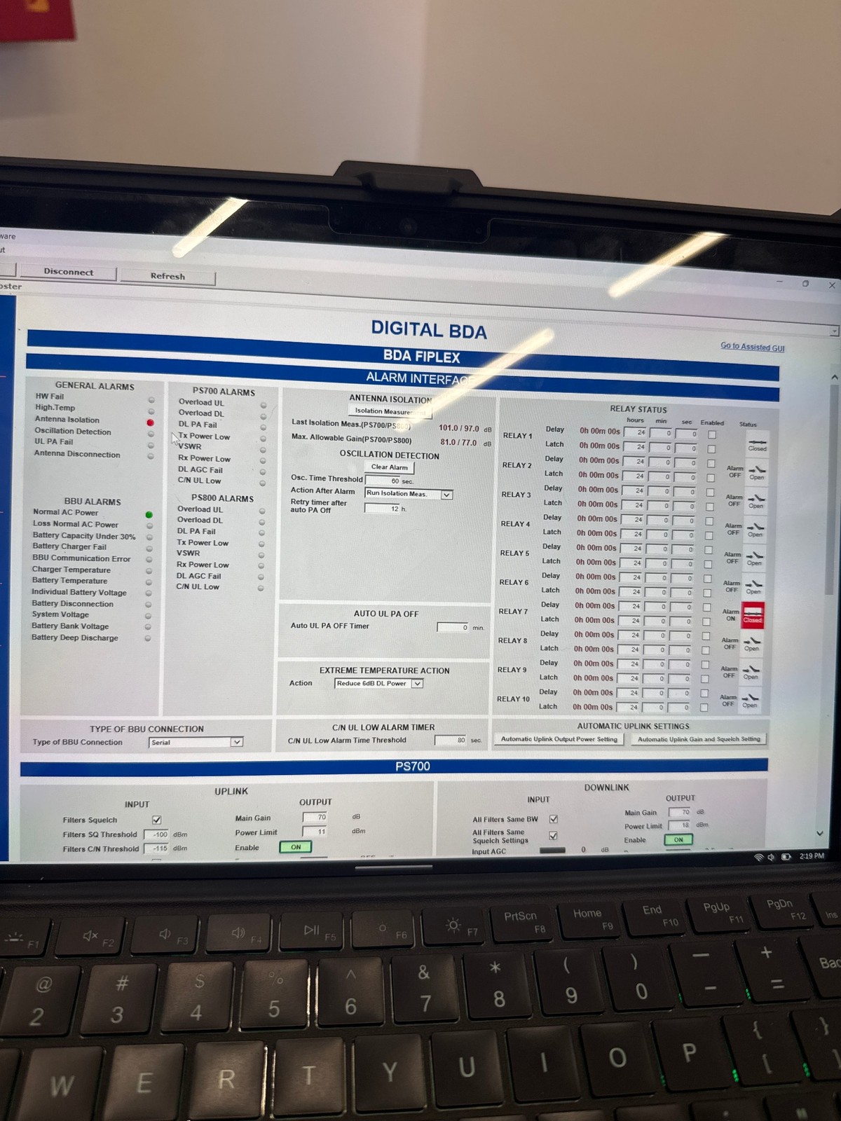Fiplex digital BDA commissioning interface screen