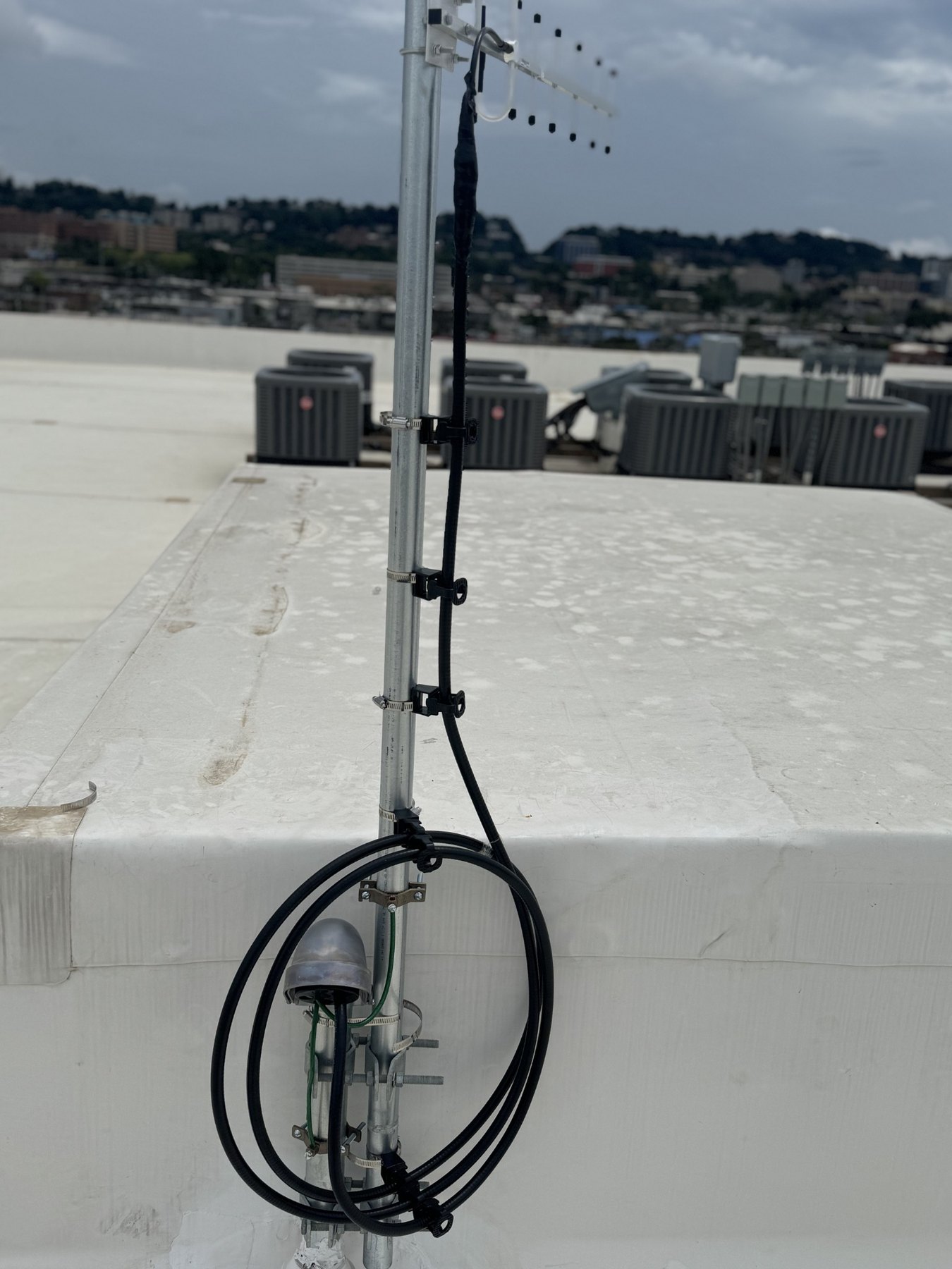 Donor antenna close-up with coax and mast support